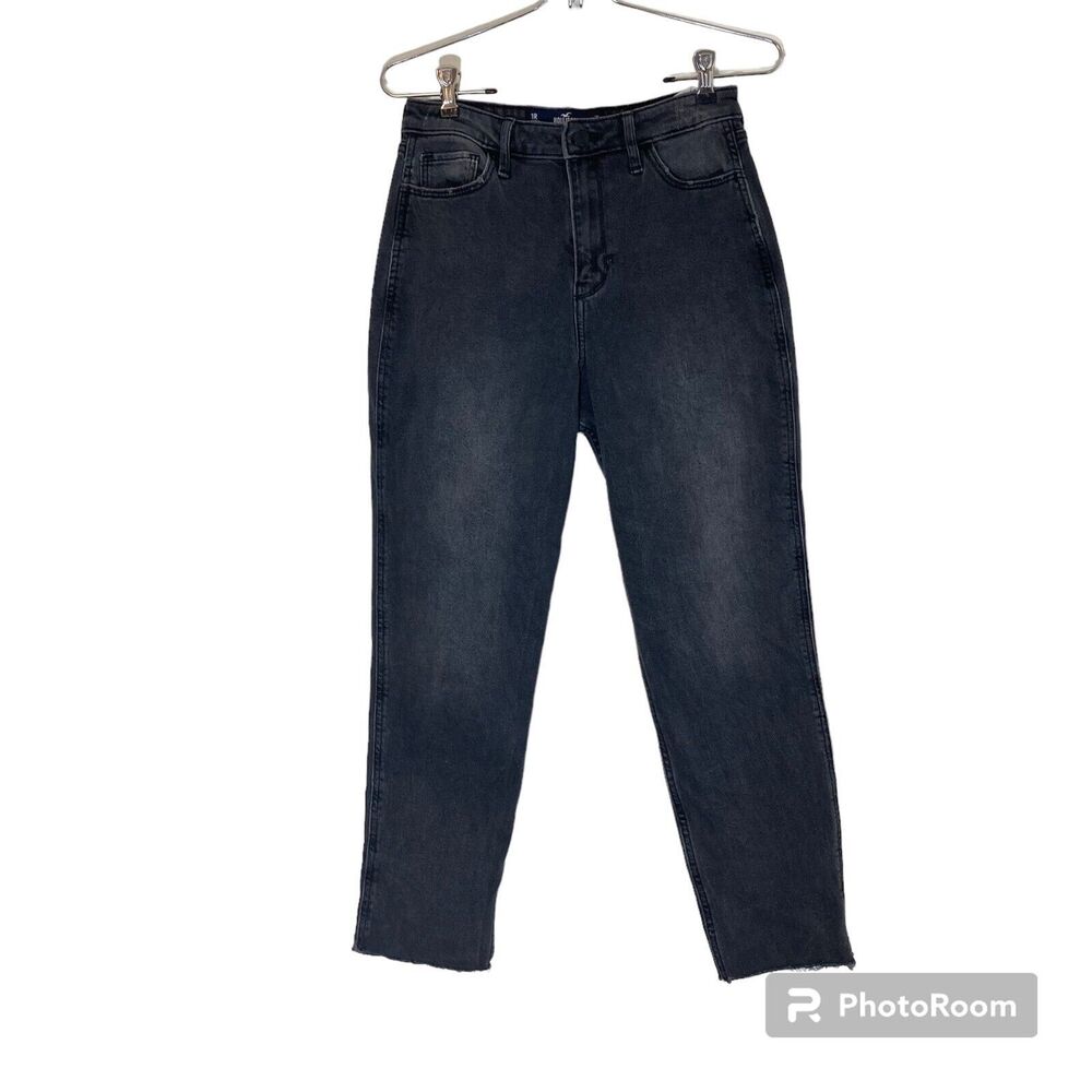 Hollister CA Womens Ultra High Rise Mom Jeans 1R Faded Black W25 L27 Raw Hem
